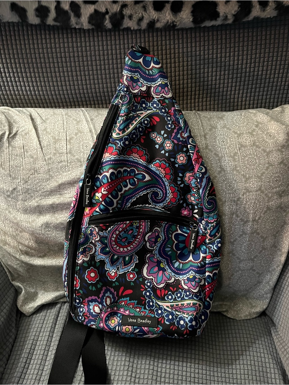 Vera Bradley Black Multi Paisley Sling Backpack with Pink & Blue Accents